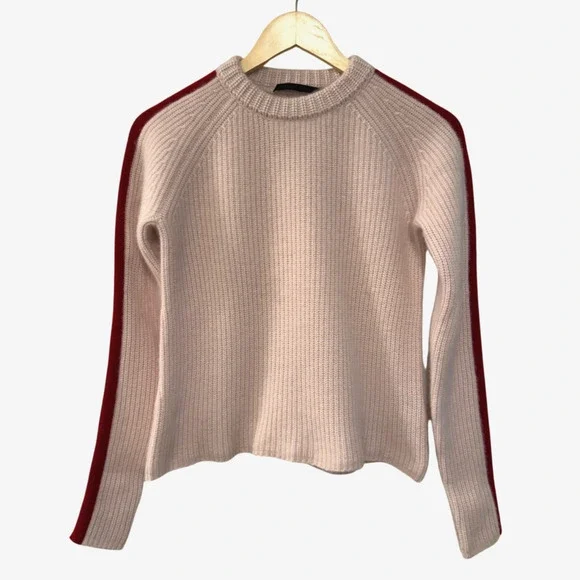 Jenni Kayne XS Iconic 100% Cashmere Fisherman Sweater $425 Light Pink Red Stripe - Picture 2 of 8